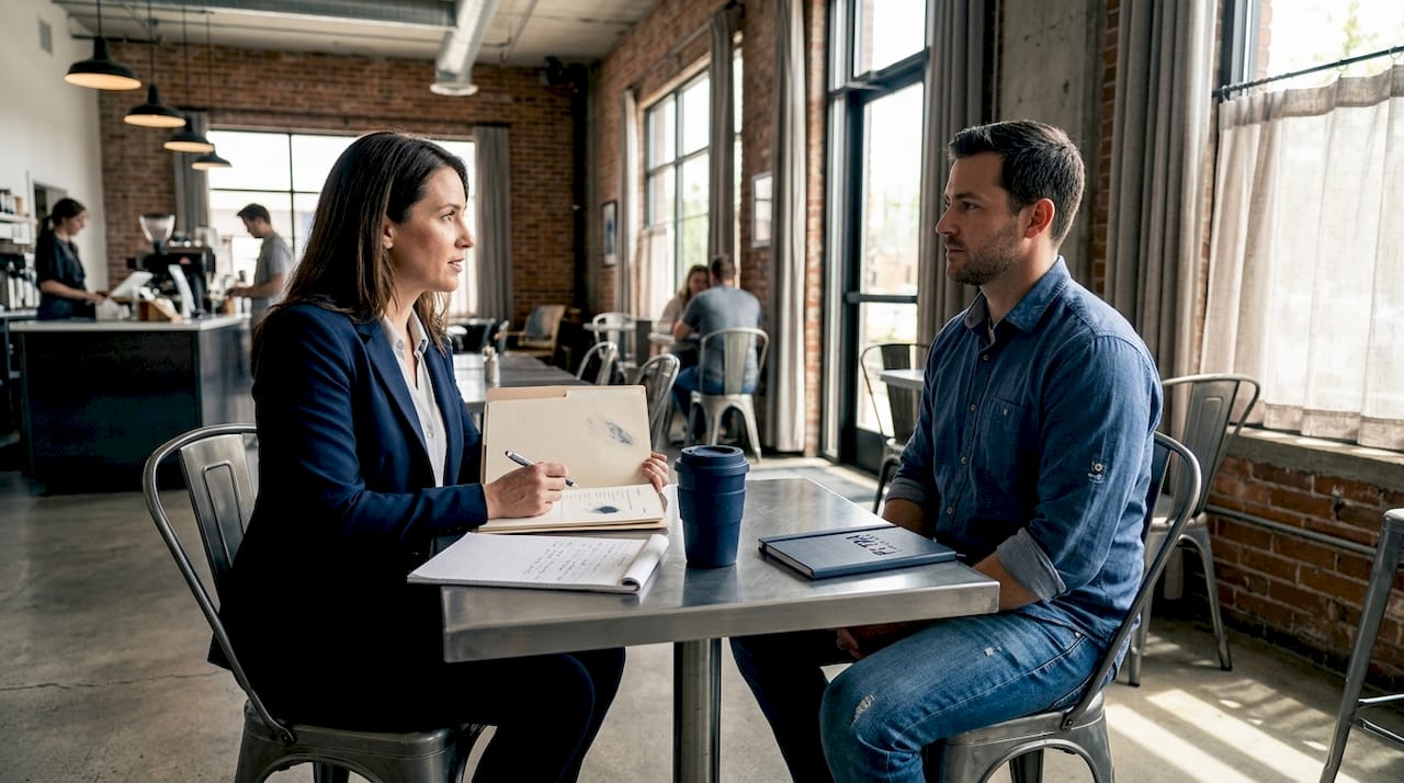Recruiter interviewing HVAC candidate in meeting room