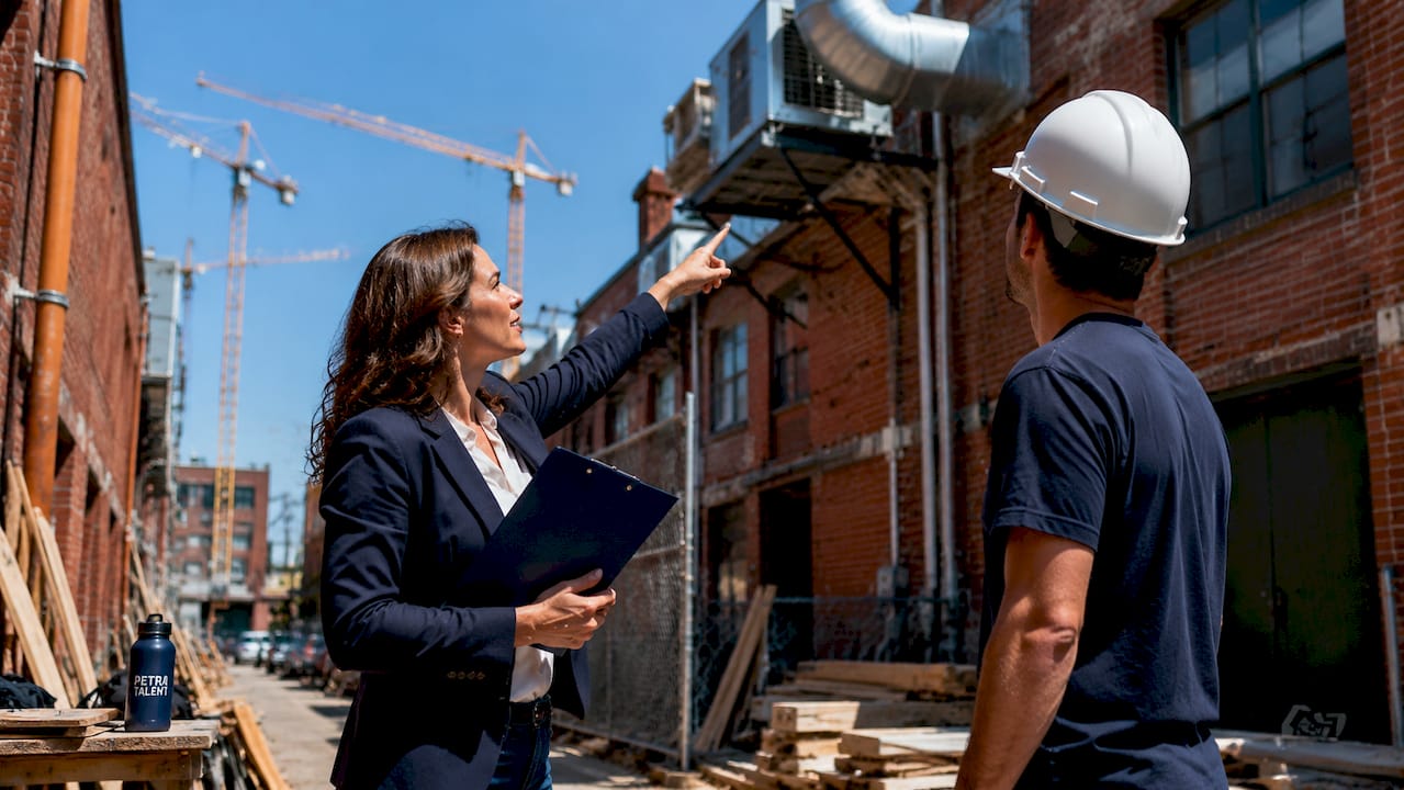 HVAC project manager directing rooftop installation