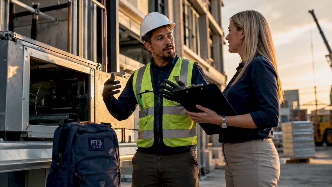 HVAC technician and recruiter discussing onsite