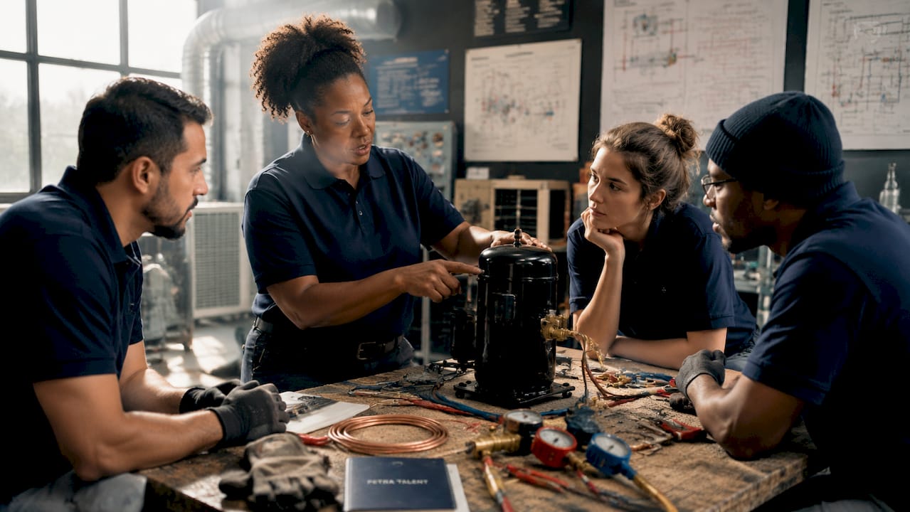 HVAC technicians receiving hands-on training in classroom