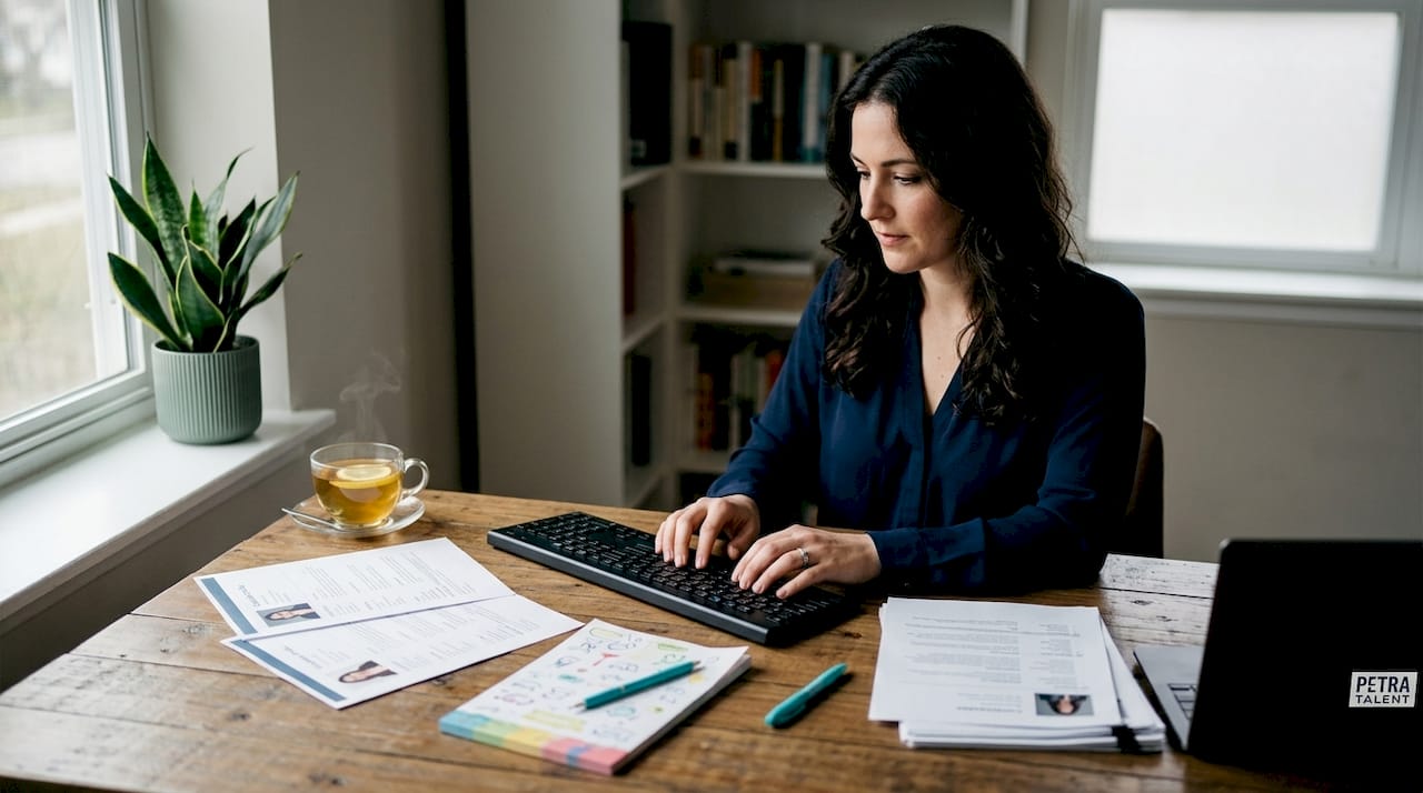 Recruiter's hands typing among resumes