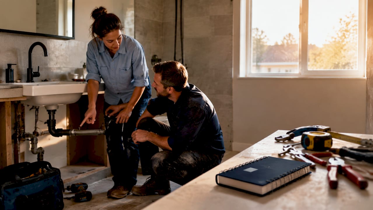 Two plumbers collaborating on a repair