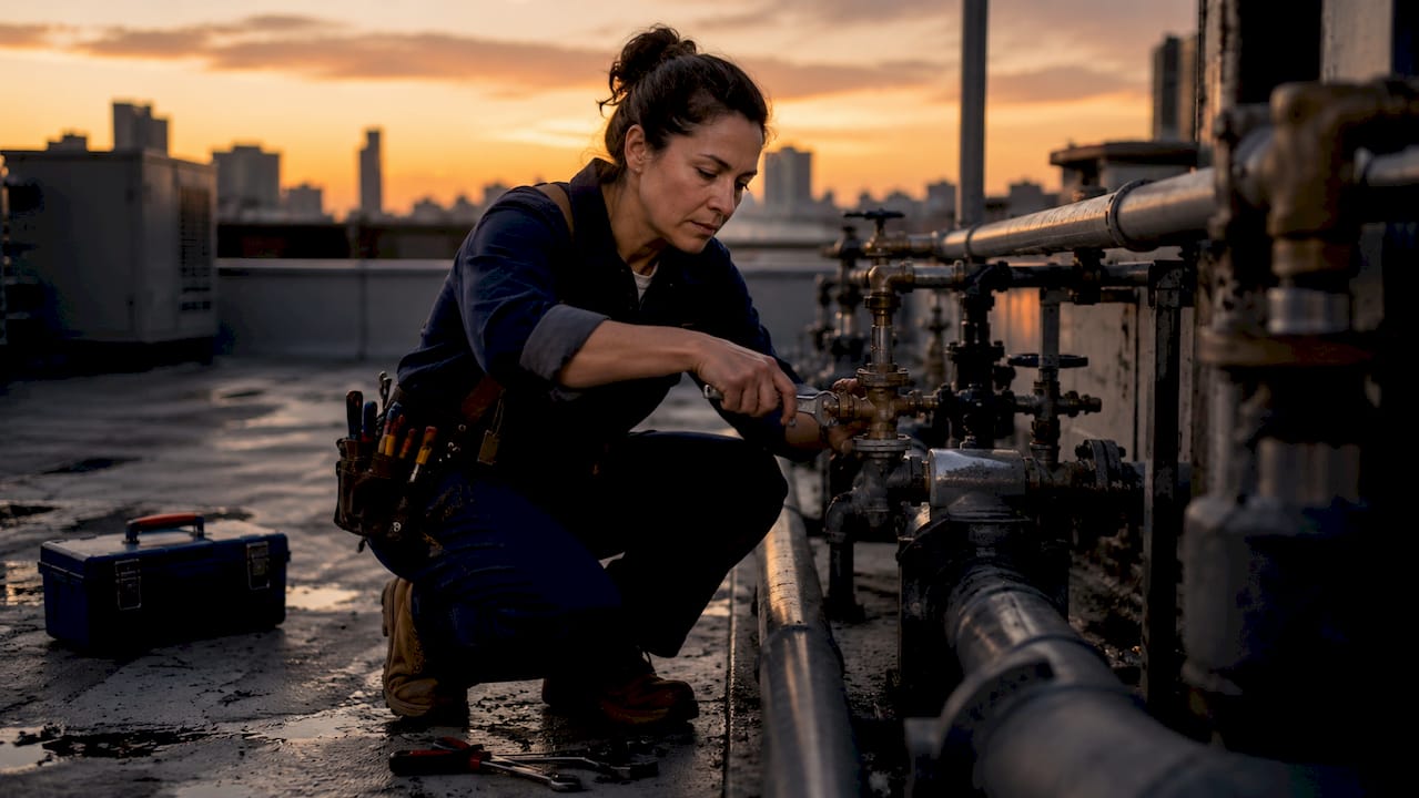 Female plumbing technician adjusting rooftop valve
