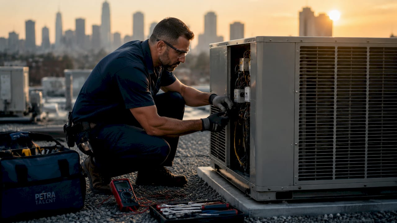 HVAC technician inspecting outdoor AC unit