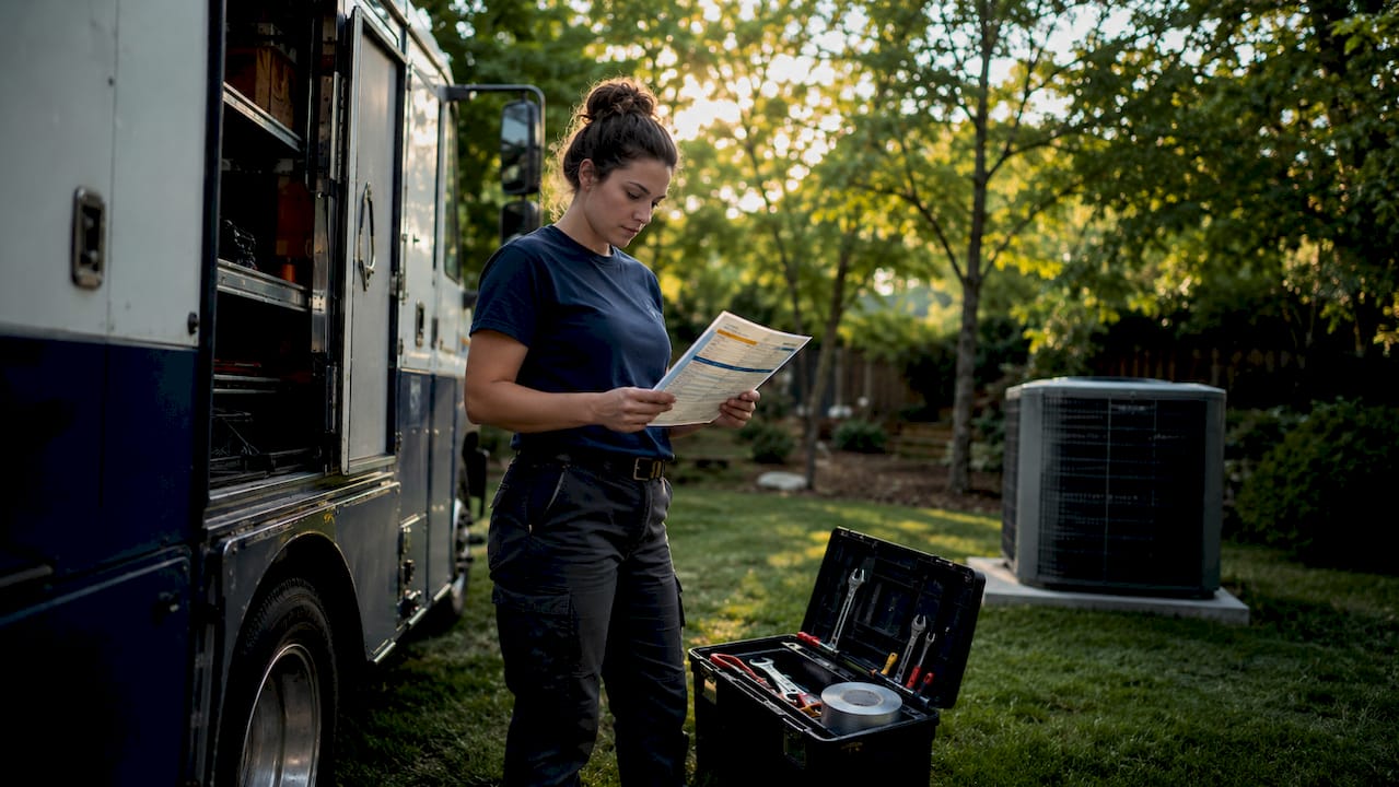 HVAC technician reviewing 30-day onboarding roadmap outdoors