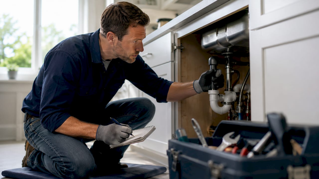 Licensed plumber inspecting residential plumbing