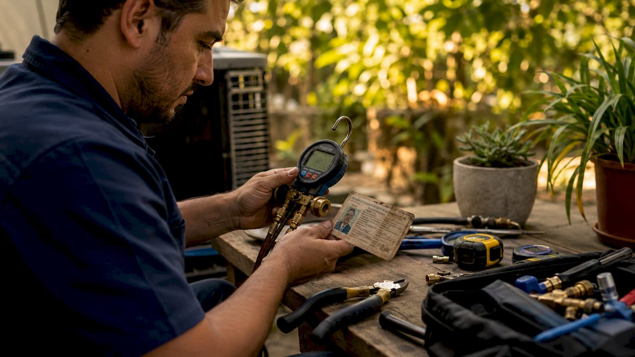 Technician holding HVAC certification card and gauge hands close-up