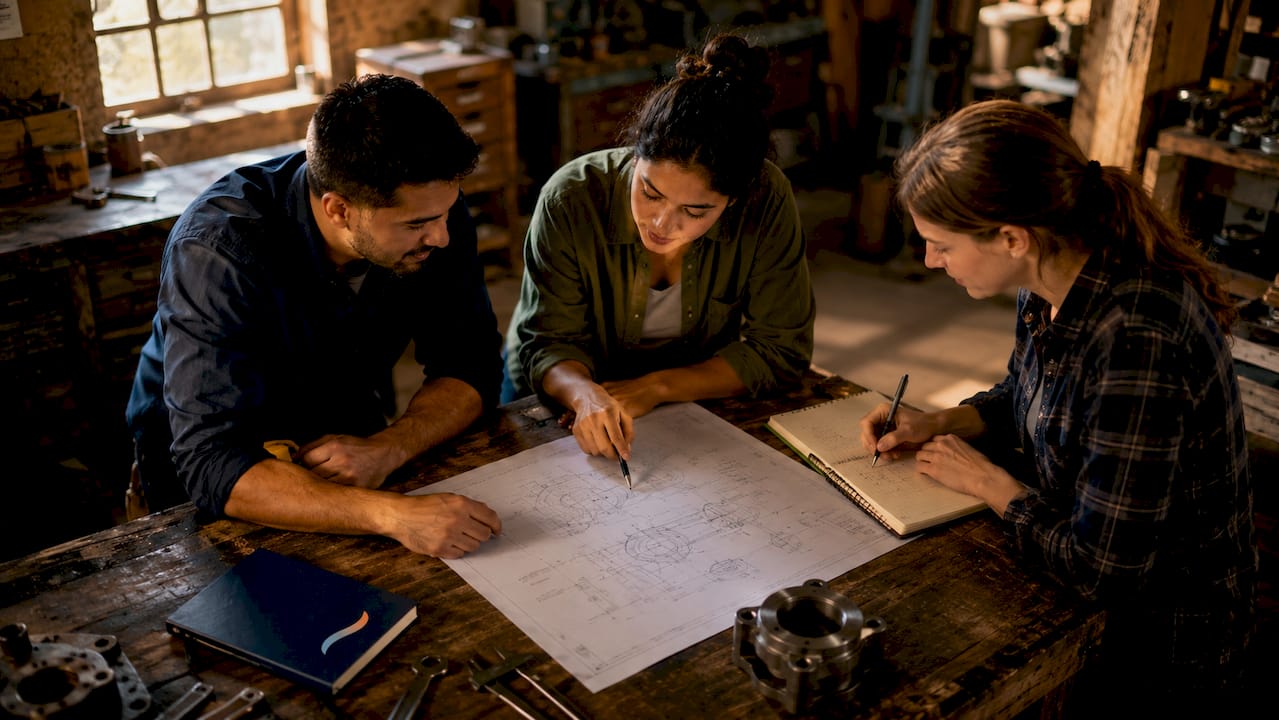 Diverse mechanical team collaborating over blueprints