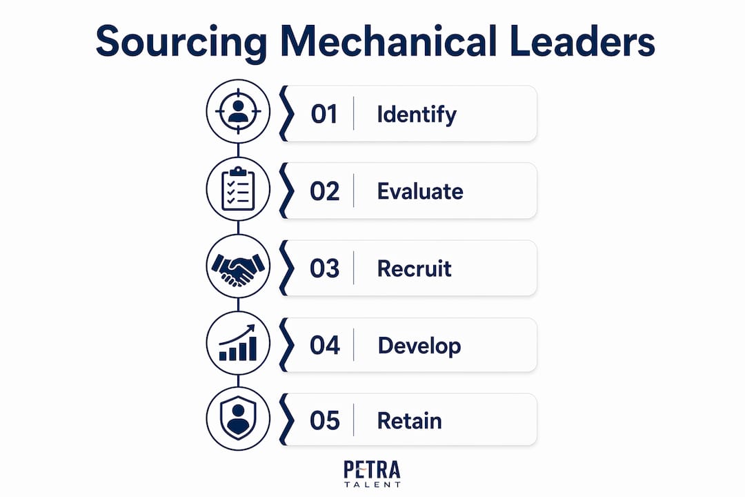 Infographic showing mechanical leadership sourcing steps