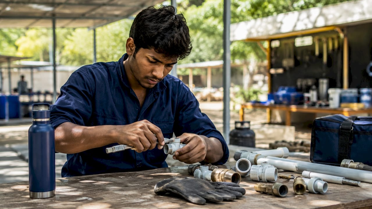 Apprentice plumber hands holding tools