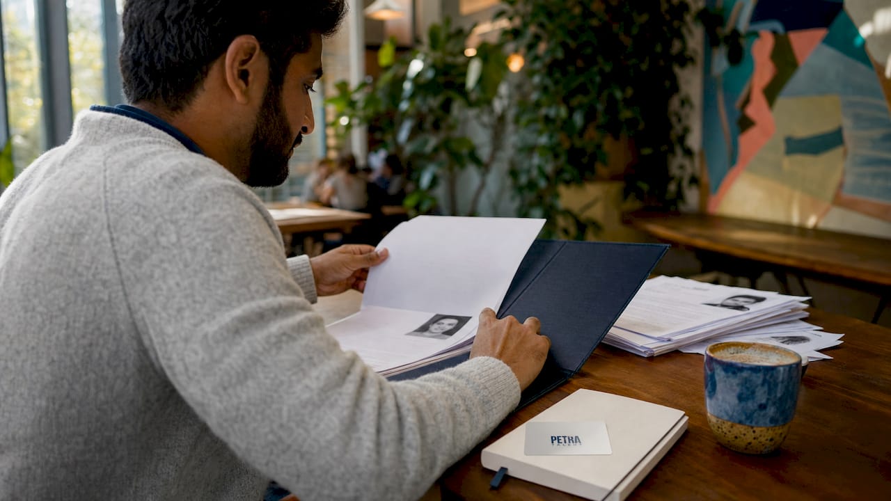 Recruiter organizing plumber candidate resumes overhead view