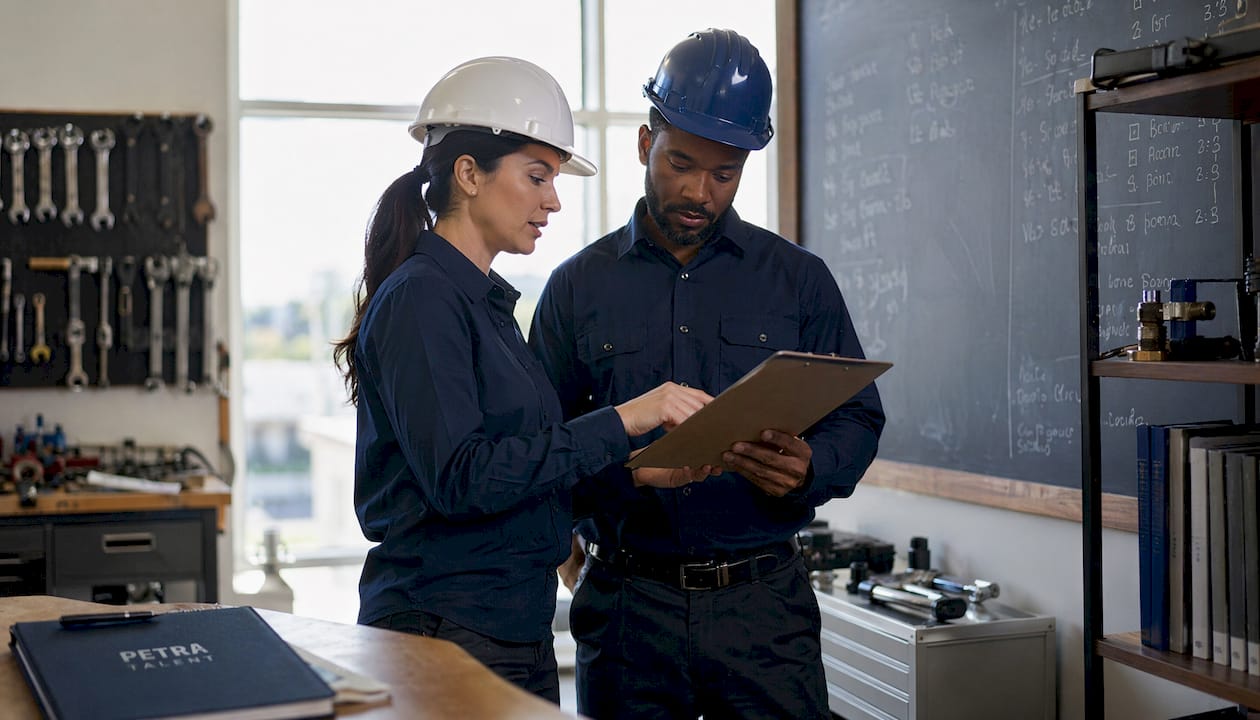 Supervisors discussing plumbing labor at construction site