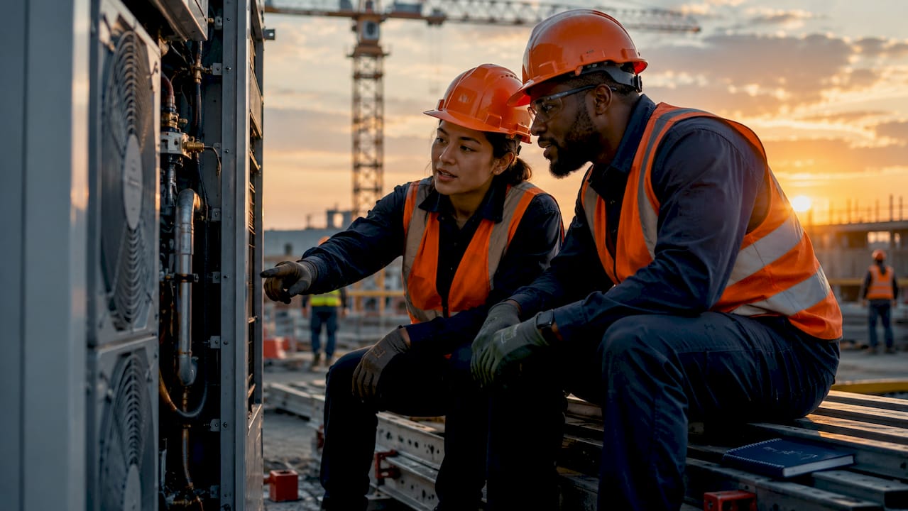 Technicians discussing plans near HVAC system