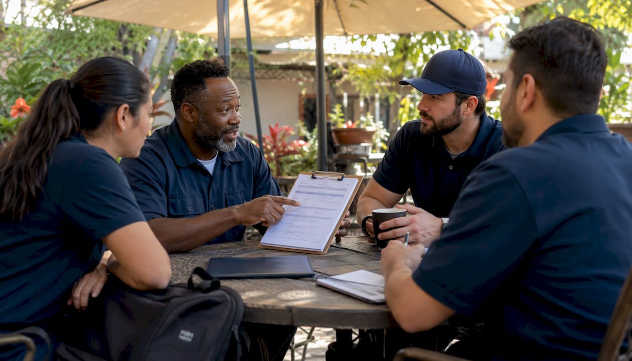 Plumbing team discussing referral program details