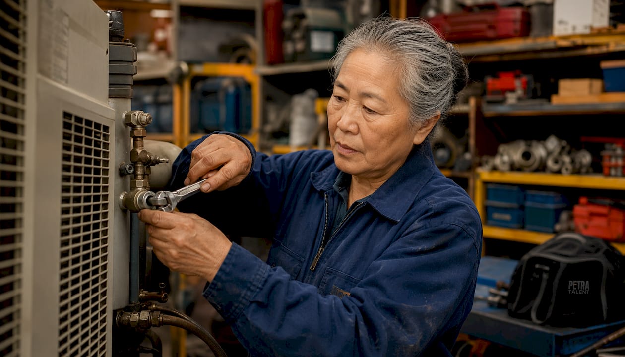 Elderly technician working on HVAC rooftop unit