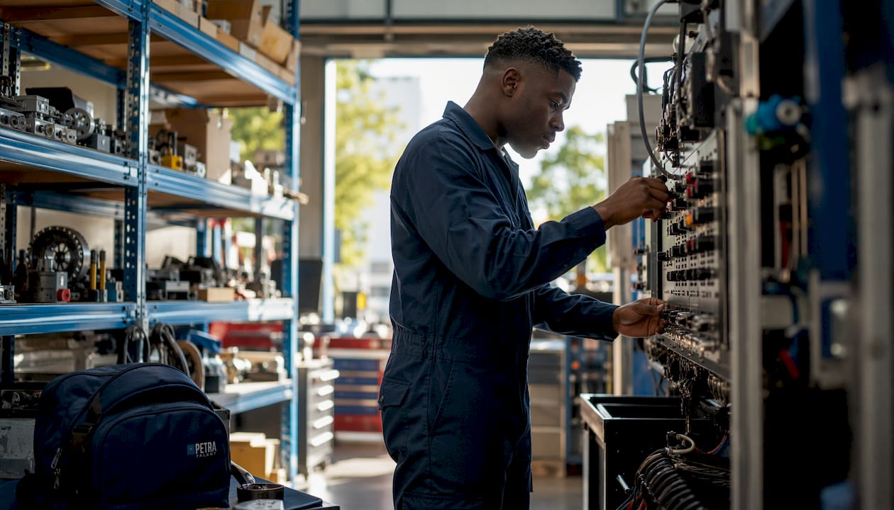 Hands working on advanced mechanical control panel