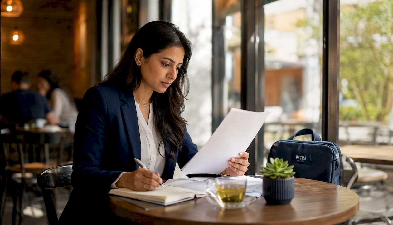 HR manager reviewing resumes at office desk
