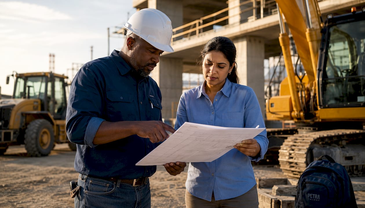 Supervisors discussing hiring plans on mechanical project site