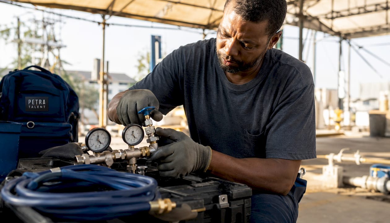 Hands assembling plumbing pressure test kit
