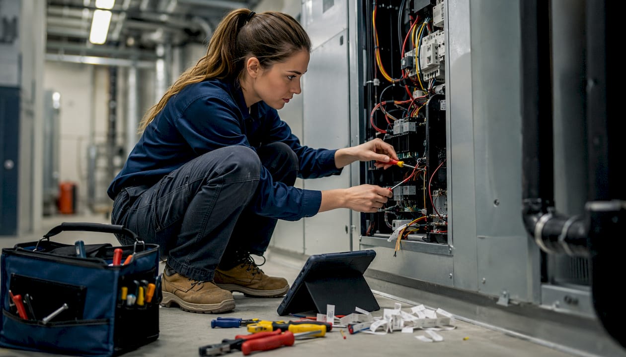 Technician adjusting wiring inside electrical panel