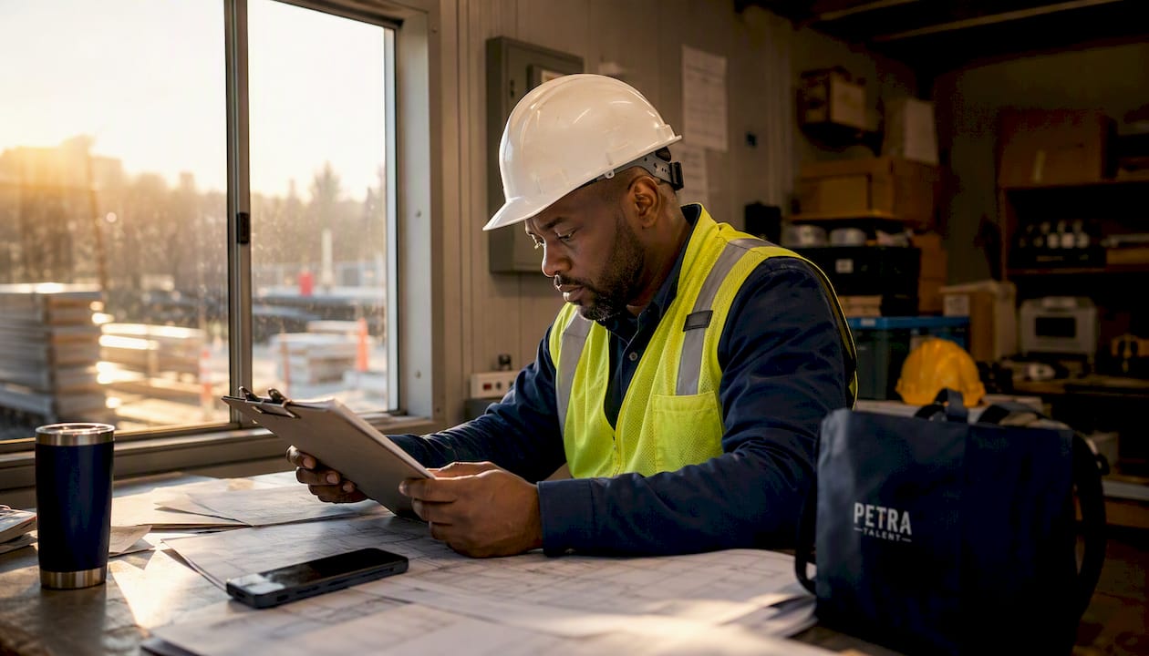 Construction manager checking credentials onsite