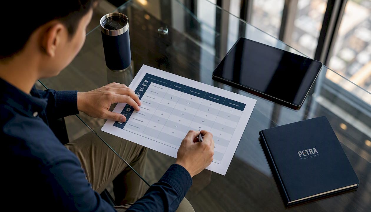 Hands reviewing compliance tool comparison chart