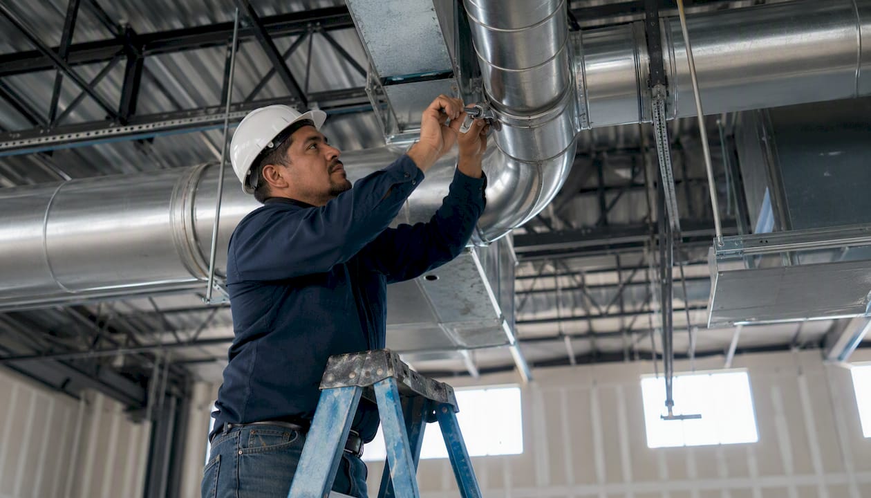 HVAC technician installing ductwork in mechanical room