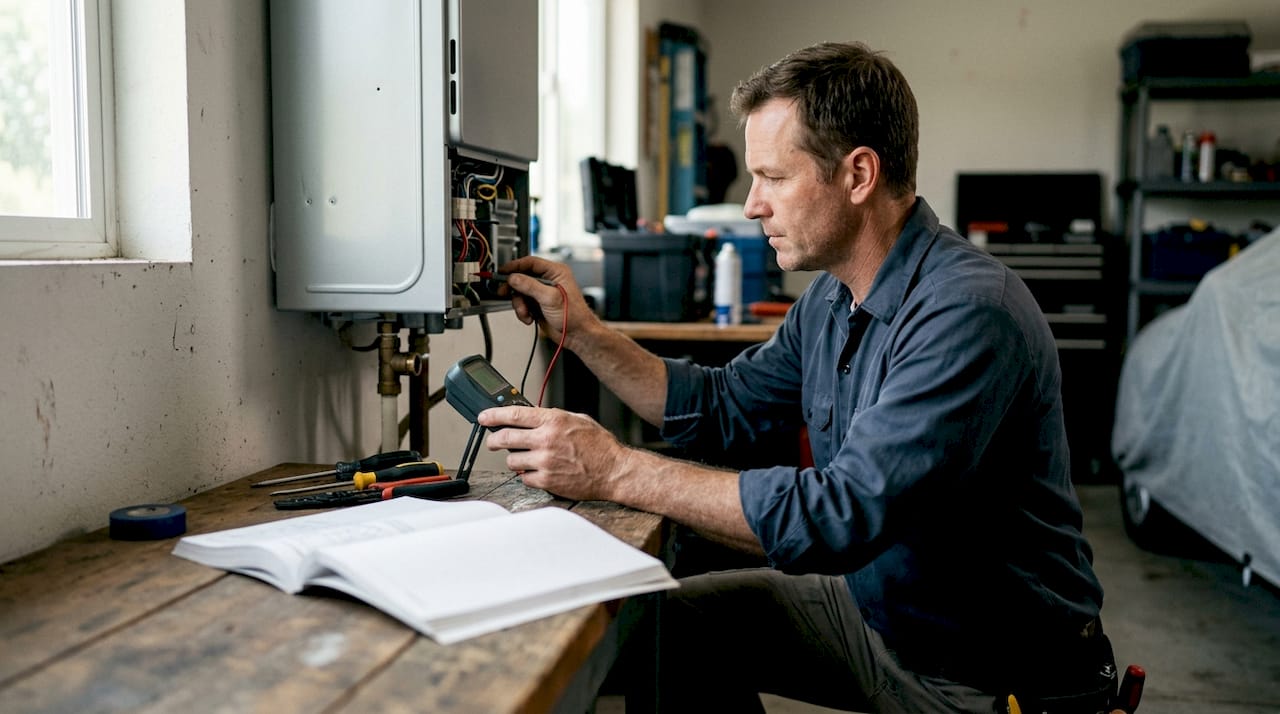 Plumber wiring thermostat during paid trial