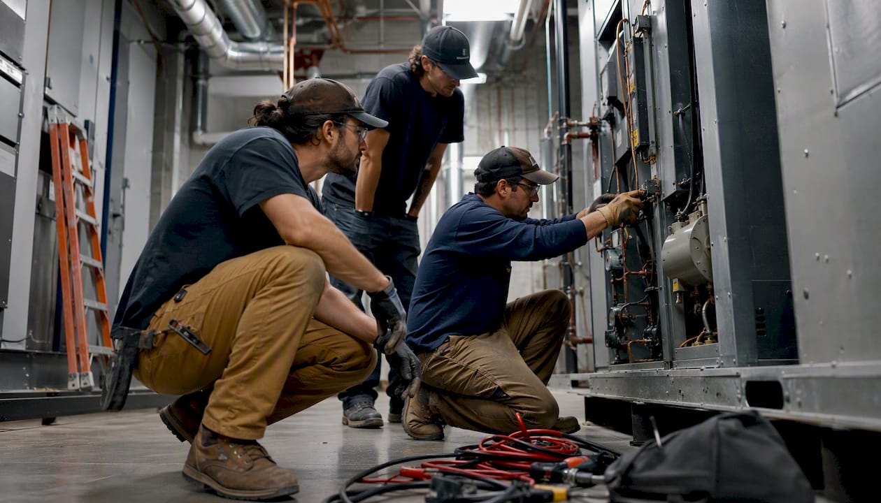 Journeyworkers adjusting HVAC unit in mechanical room