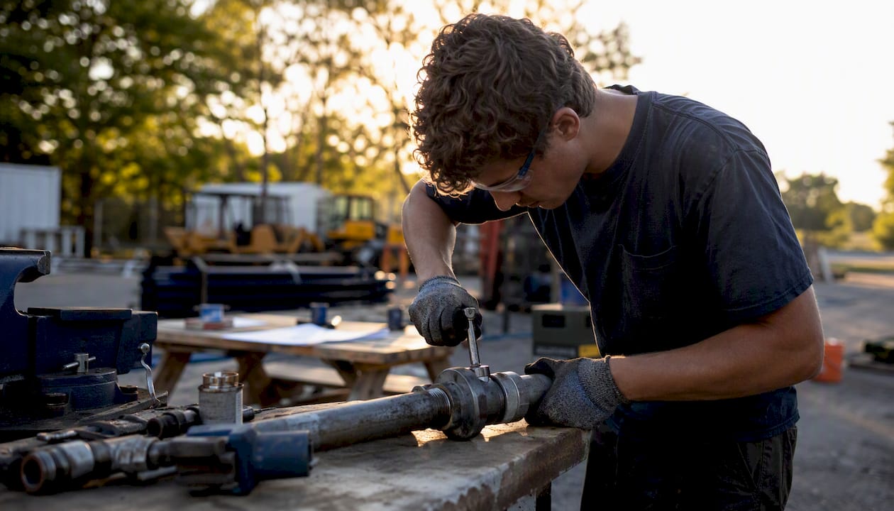 Apprentice threading pipe during training