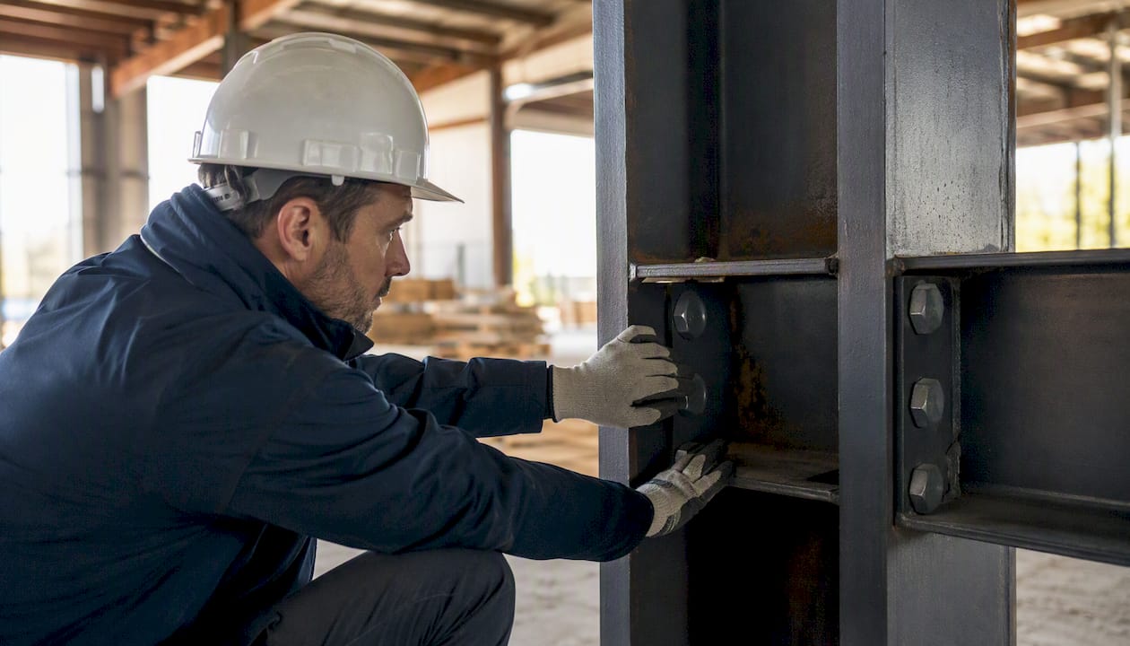 Underwriter inspecting steel joint on site