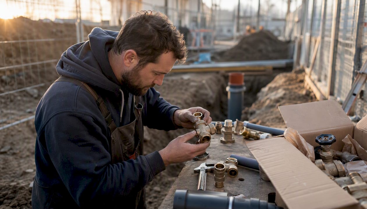 Hands unpacking plumbing fixtures on site table