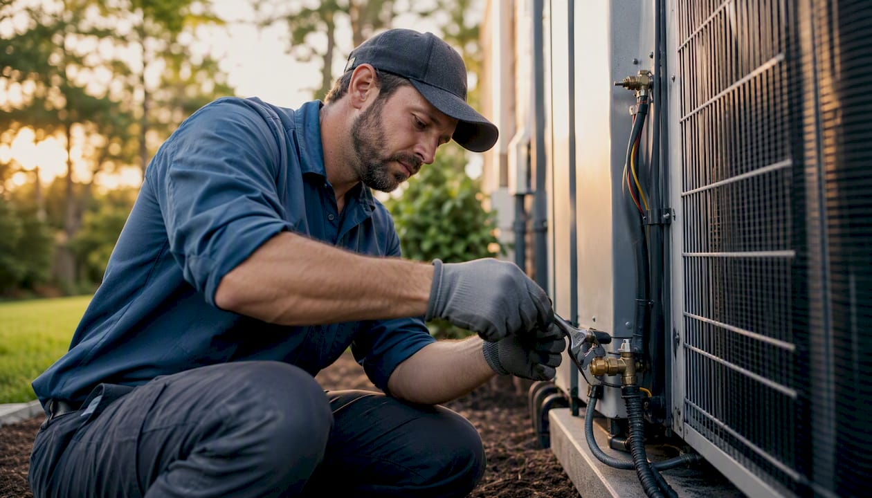 Technician maintaining HVAC condenser unit outdoors