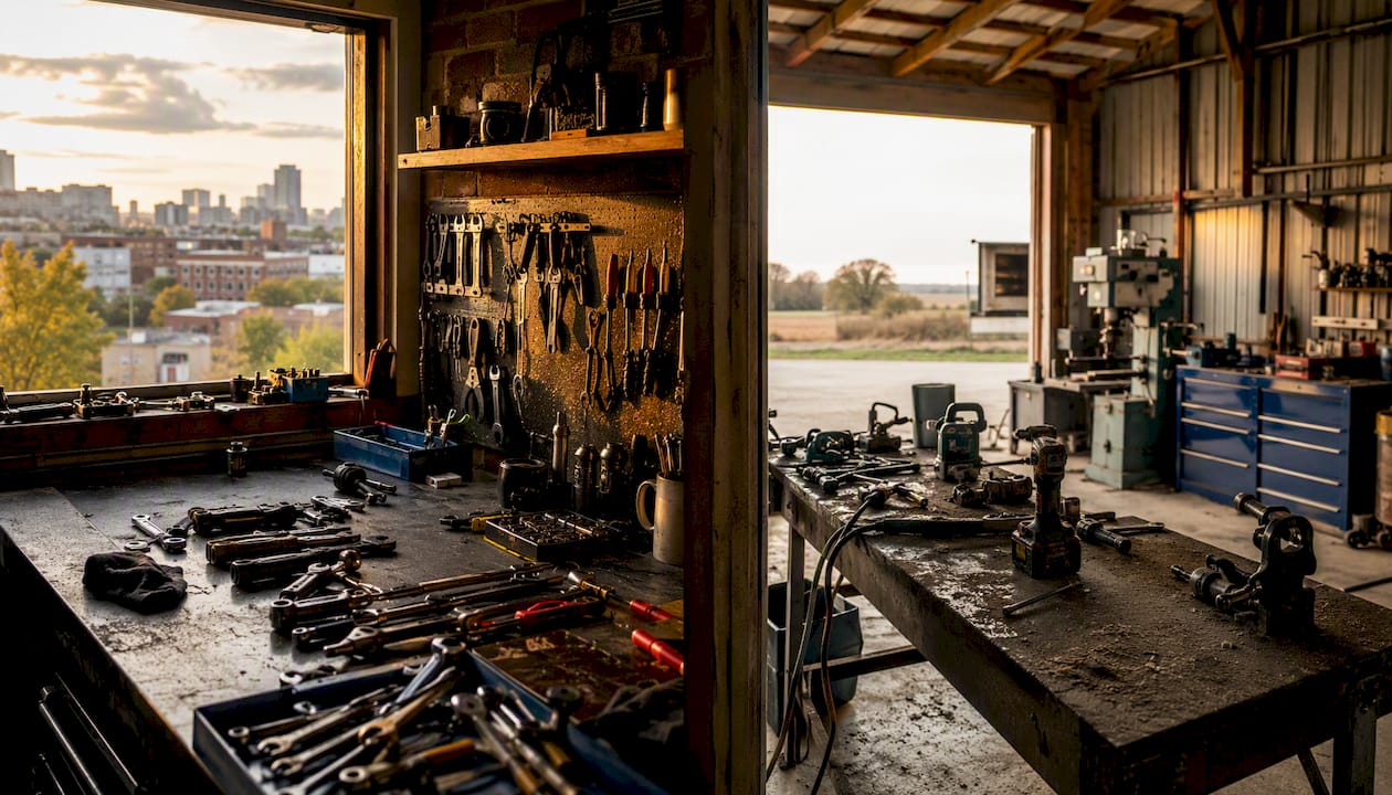 Mechanical tools on rural and urban workbenches