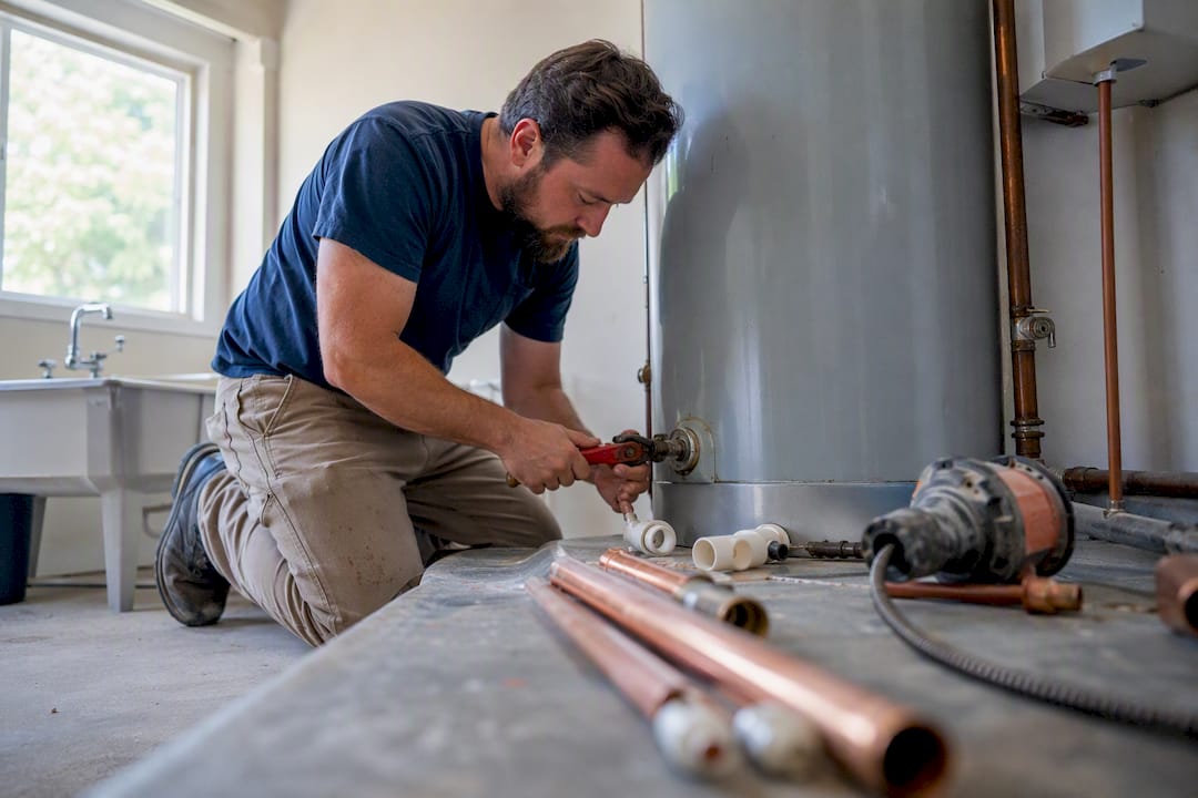 Plumber replacing water heater valve