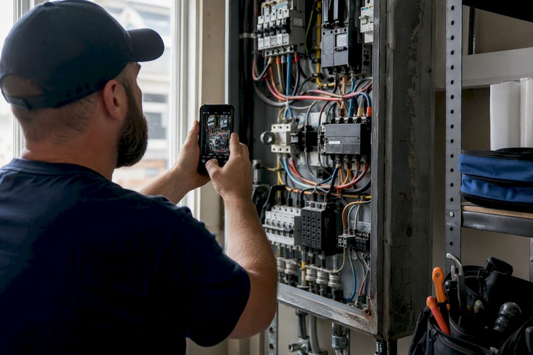 Electrician photographing electrical panel with phone