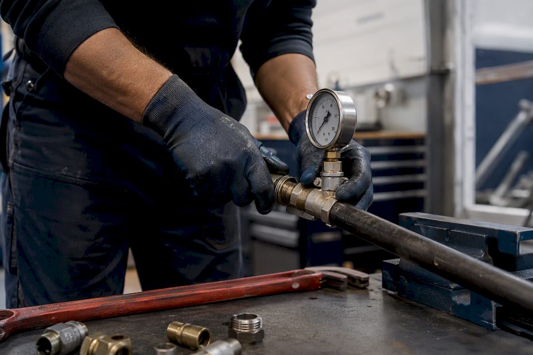 Plumber hands testing pipe joint in workshop