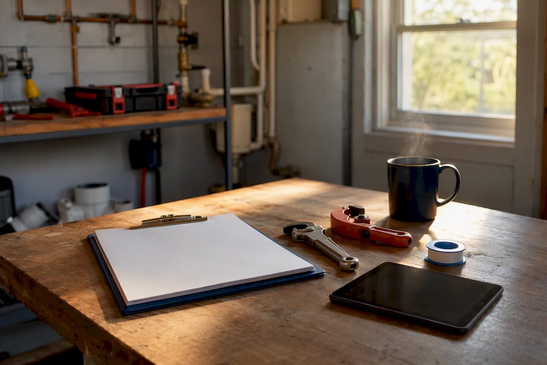 Workbench with plumbing tools and verification materials