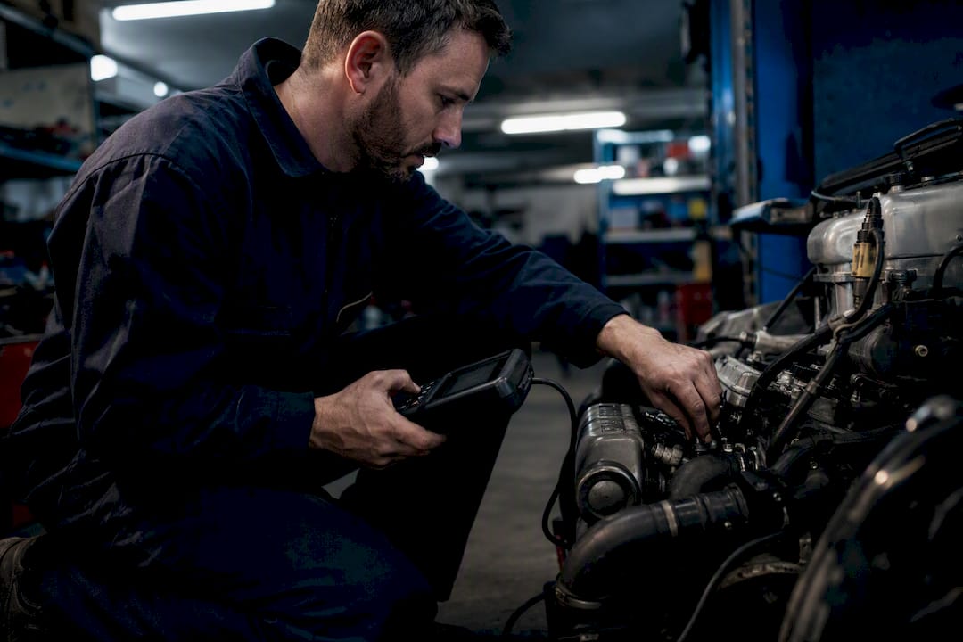 Mechanic using diagnostic scanner on engine