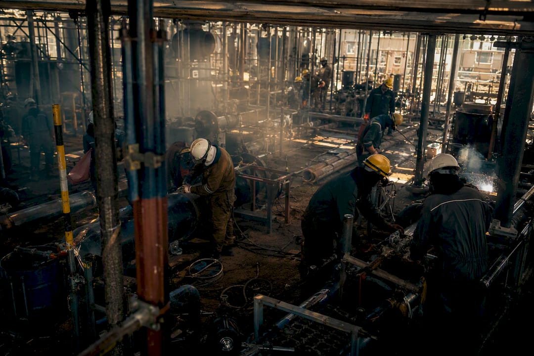 Crowded construction workface with multiple trades