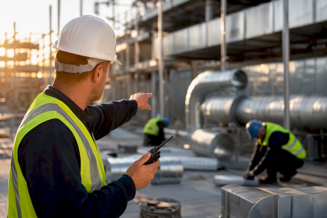 Superintendent directing HVAC crew in construction site