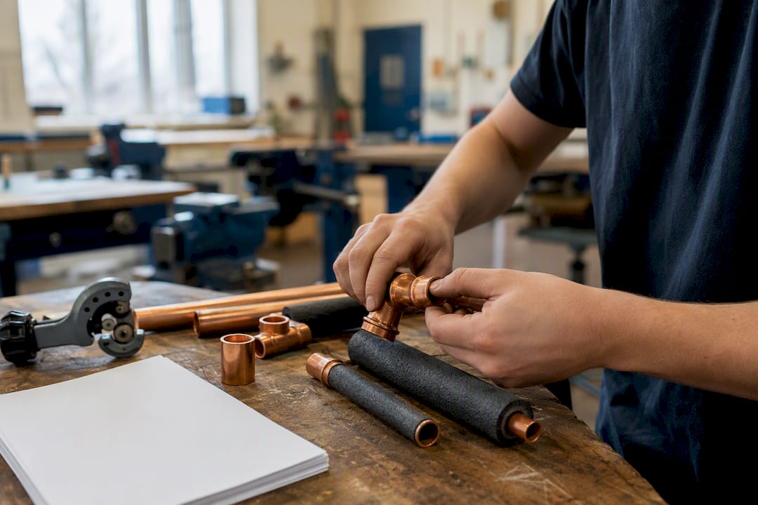 Trade school trainee assembling HVAC pipes