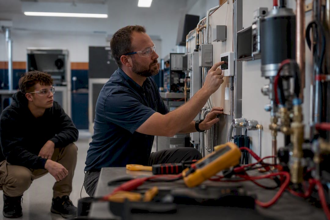 HVAC lab with digital thermostat and piping