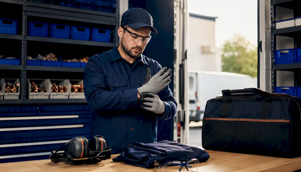 HVAC technician fitting PPE before dispatch