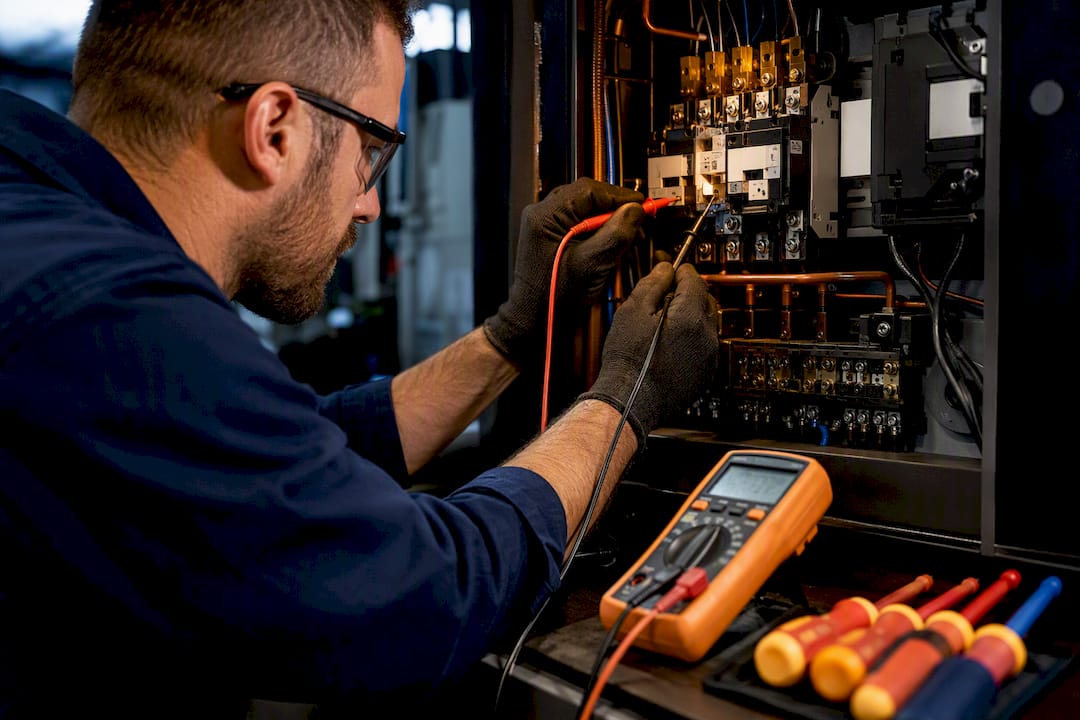 Technician testing chiller electrical controls