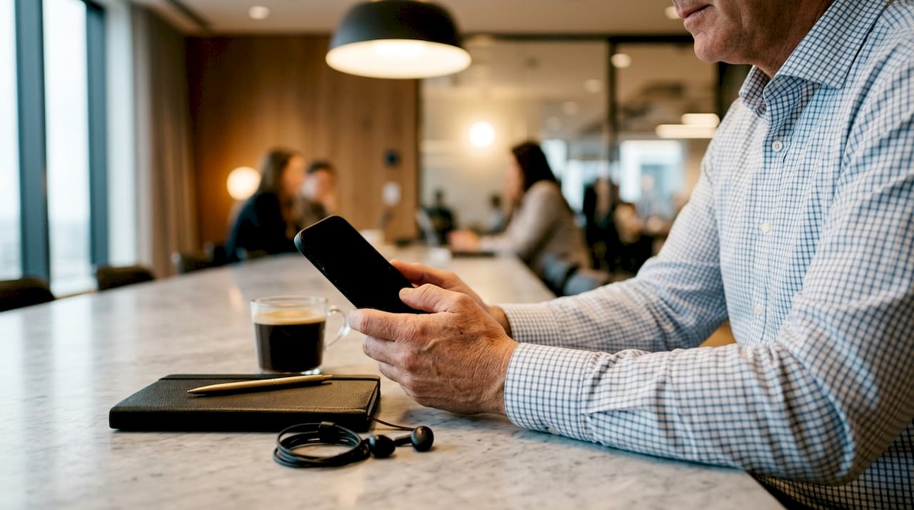 Una persona usando su móvil en el entorno de una oficina moderna