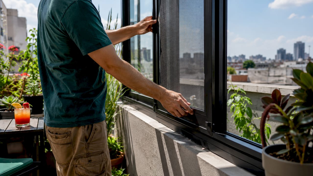 Close-up hands installing aluminum window screen