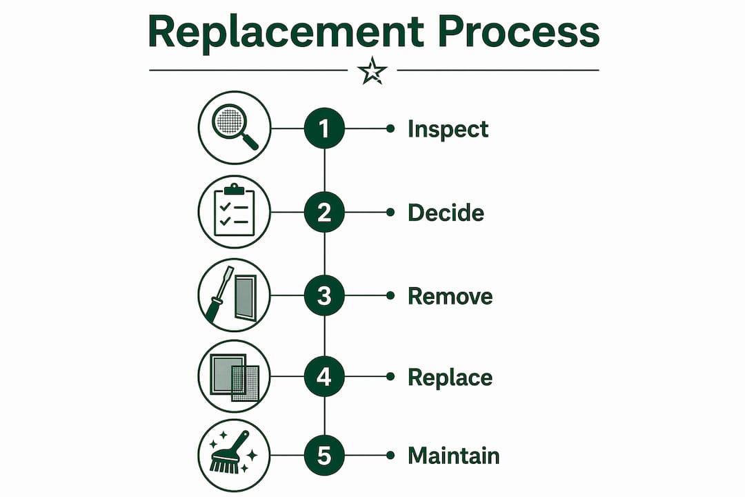 Infographic showing step-by-step window screen replacement process