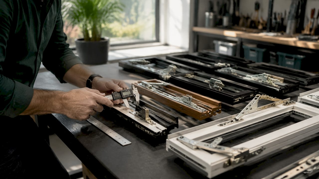 Close-up of hands measuring window hardware parts