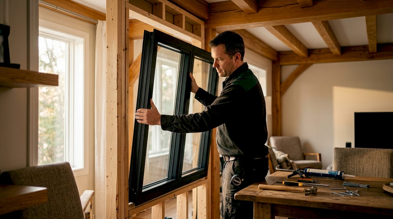 Hands installing triple-pane window frame